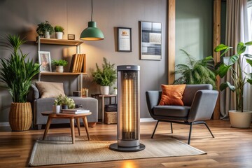 Modern Electric Halogen Heater Enhancing Cozy Living Room Interior with Contemporary Design Elements and Warm Lighting, Perfect for Home Decor and Comfort in Winter Months