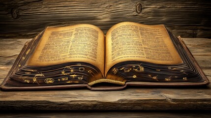 Obraz premium Antique Open Book on Wooden Surface with Illuminated Pages and Vintage Text Elements Representing Knowledge and Wisdom in a Rustic Setting