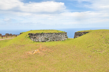 Rano Kau and ceremonial village of Orongo on Easter Island, Chile