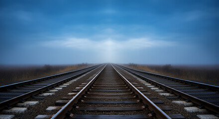 Fototapeta premium Misty Railroad Tracks Vanishing into the Fog: A Serene Landscape Photography