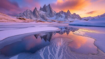 Naklejka premium Serene Winter Landscape with Majestic Snow-Capped Peaks and Vibrant Sunset Reflected in Calm Ice-Covered Lake in Expansive Wilderness