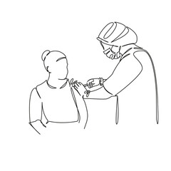 One continuous single drawing line art flat doodle vaccination, doctor giving a vaccination, medicine, epidemic, safety. Isolated image hand draw contour on a white background, hand drawn, not AI