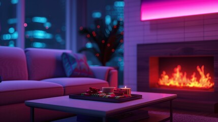 Cozy modern living room with vibrant neon lights and a warm fireplace ambiance during nighttime relaxation