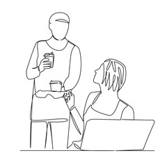 One continuous single drawing line art flat doodle people drinking coffee in the office, break, lunch, office work, communication. Isolated image hand draw contour on a white background, hand drawn, n