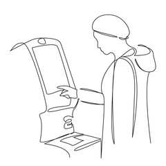 One continuous single drawing line art flat doodle woman, bank, atm, currency, finance, accruals, digital currency. Isolated image hand draw contour on a white background, hand drawn, not AI