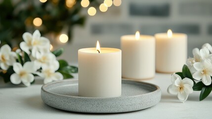 Serene Candle Arrangement with Floral Accents and Soft Warm Lighting in Cozy Setting