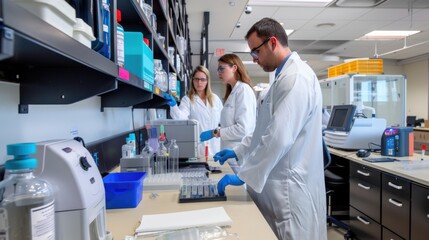 A team of scientists and engineers collaborating on a groundbreaking research project with advanced laboratory equipment and data analysis in a cutting-edge research facility