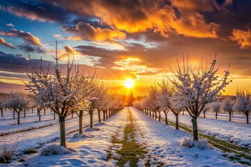 New Year&rsquo;s Transition: Planting Fruit Trees Amidst a Winter Storm at Sunset, Capturing the Beauty of 2023's Arrival with Frosty Landscapes and Hopeful Horizons