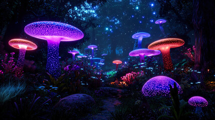 Fototapeta premium vibrant forest filled with glowing mushrooms and bioluminescent plants