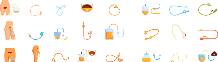 Urinary catheter icons set. Collection of urinary catheter and drainage system icons illustrating medical devices used for urine collection, bladder management, and patient care in healthcare settings
