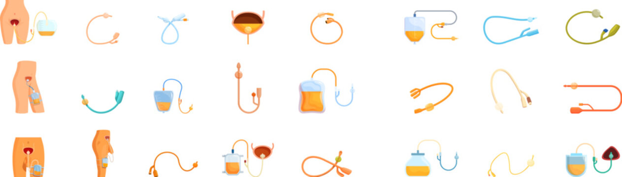 Urinary catheter icons set. Collection of urinary catheter and drainage system icons illustrating medical devices used for urine collection, bladder management, and patient care in healthcare settings