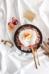 Scallop Tartare with Lychee Sorbet and Salmon Roe on Ice