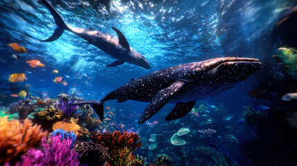 Fototapeta premium Majestic humpback whales swimming in vibrant coral reef