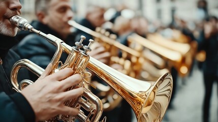 Close-up of musicians playing trumpets in a brass band during an outdoor performance, with a focus on the shiny brass instruments and musicians in the background.