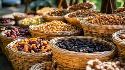 Fototapeta premium Assortment of Dried Fruits and Nuts in Wicker Baskets
