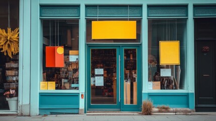 Teal Storefront with Blank Signs and Hanging Decorations