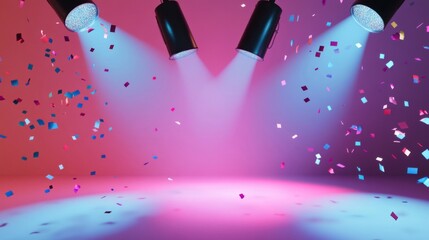 Two Spotlights Illuminating a Stage with Confetti Falling