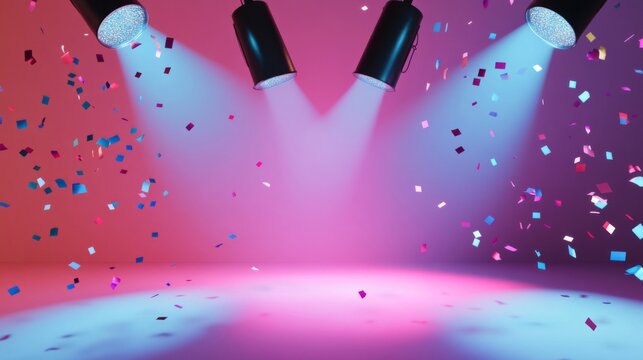 Two Spotlights Illuminating a Stage with Confetti Falling