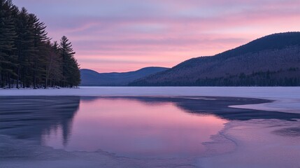 Fototapeta premium Serene Winter Landscape at Dawn with Colorful Reflections on Frozen Lake Surrounded by Pine Trees and Majestic Mountains Under a Pastel Sky