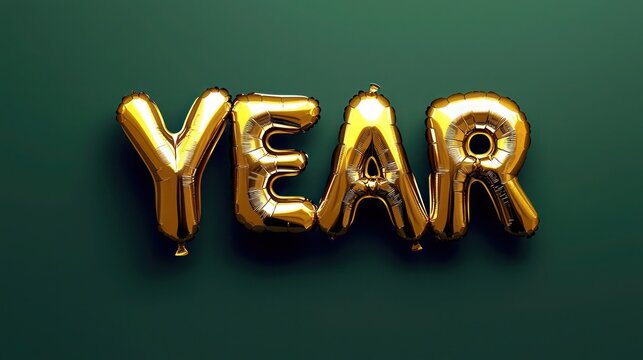 Gold metallic balloon letters spelling out "YEAR" with a glossy, reflective finish, floating on a smooth emerald green to deep navy gradient background.  - Powered by Adobe