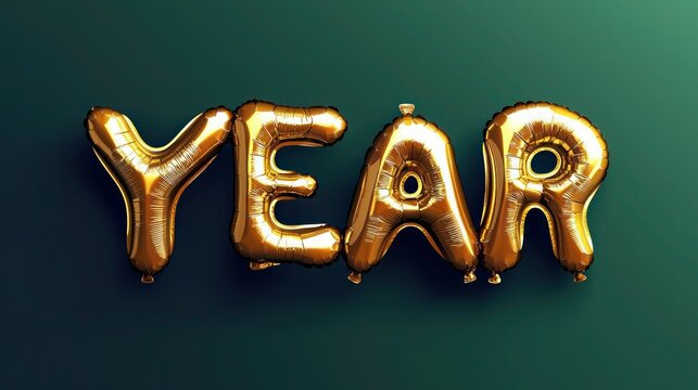 Gold metallic balloon letters spelling out "YEAR" with a glossy, reflective finish, floating on a smooth emerald green to deep navy gradient background. 