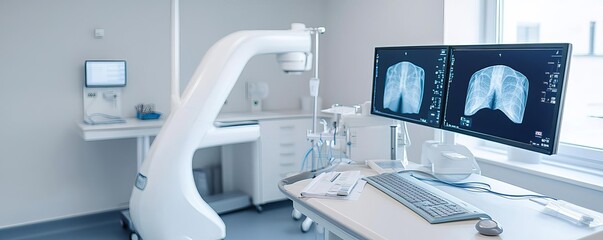 Bone density scan setup with advanced DXA equipment in a specialized room, bone density radiology, preventive care