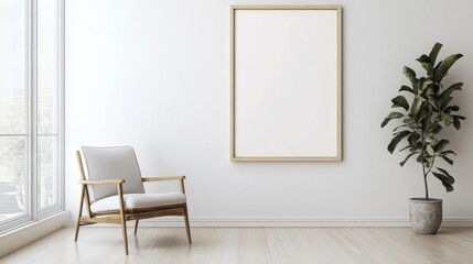 Minimalist Living Room with Empty Frame, Chair, and Plant