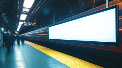 Fototapeta premium Blank Billboard on a Subway Platform with a Blurred Train Passing By