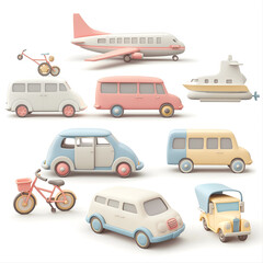 Set of six unique transportation icons in a cartoon style, showcasing a car, bicycle, bus, train, airplane, and boat