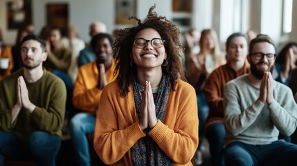Obraz premium Group of diverse people seated in a room practicing meditation or mindfulness with hands in prayer position and eyes closed, expressing calmness and tranquility.
