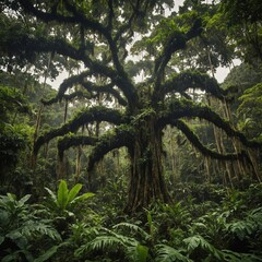 Fototapeta premium A towering kapok tree in the middle of a lush green rainforest.