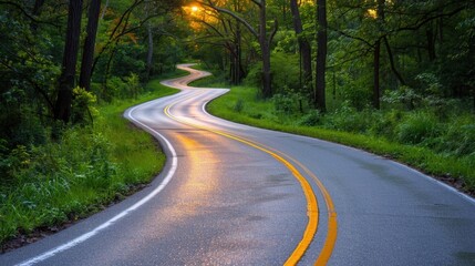 Fototapeta premium Drive: A curving road, commonly found in scenic or residential areas, providing a relaxed driving experience with breathtaking views and a soothing atmosphere. 