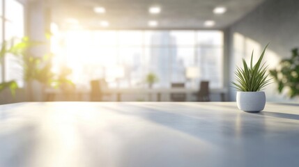 A potted plant on a table with a blurred office background.