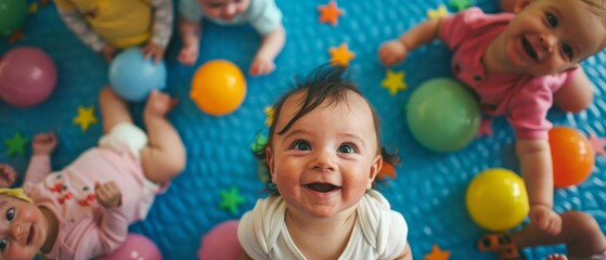 Image of five diverse babies playing happily together in a colorful indoor setting with balloons. Engaged in play, their different appearances and joyful expressions create