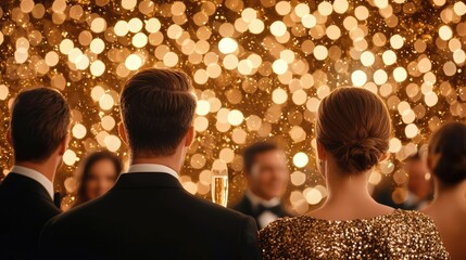 Elegant Evening Celebration with Guests Toasting Against a Sparkling Golden Background