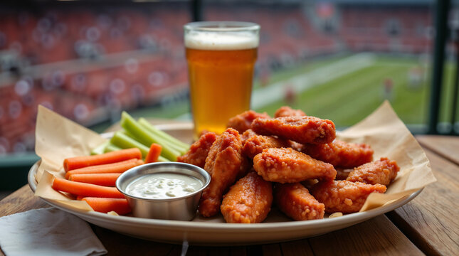 Alitas de pollo con vegetales y cerveza en un estadio de baseball.