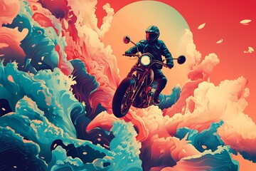 A vibrant illustration of a motorcyclist soaring through colorful waves against a bold backdrop.