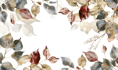 Watercolor Botanical Illustration of Fall Leaves in Gray, Gold, and Red Tones., cut out, PNG file