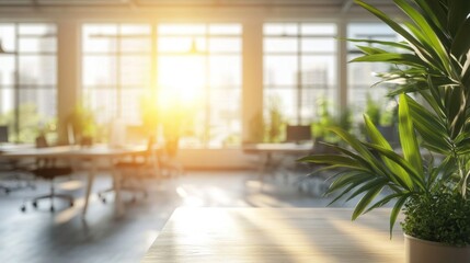 A Wooden Table with Sunlight Streaming in an Office Setting