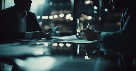Close-up of two business people sitting at the table, engaged in conversation with notes and documents 