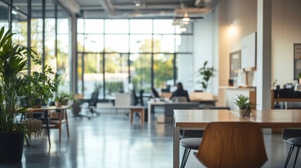 A Modern Office Space with Wooden Table and Plants