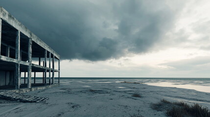 Dramatic sky over abandoned coastal building in serene landscape view