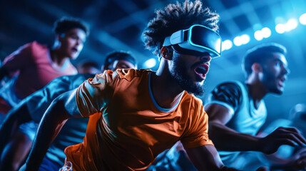 virtual sports event with enthusiastic participants wearing VR headsets