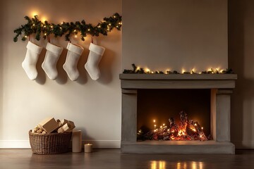 Cozy Christmas fireplace scene with stockings, gifts, and warm lighting creating a festive atmosphere.