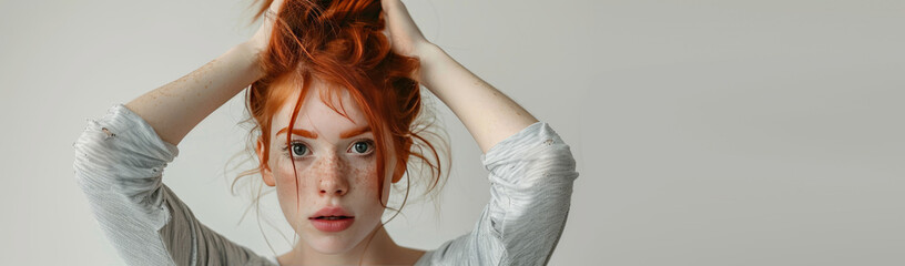 emotional red-haired girl holds her hands near her head on isolated light background