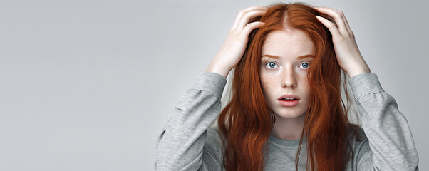 emotional red-haired girl holds her hands near her head on isolated light background