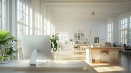 Fototapeta premium Modern Office Interior with Sunlight Streaming Through Windows