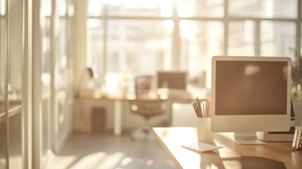 Fototapeta premium A Computer Monitor On A Desk In A Sunlit Office