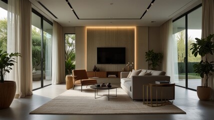 Fototapeta premium Modern living room with large windows, beige sofa, armchair, and wooden wall feature.