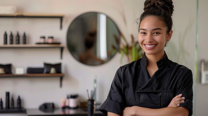 Asian woman, manicurist or hairdresser, skillfully working in a beauty salon, creating stylish looks for clients. Professionalism, creativity, personalized care in the beauty industry.